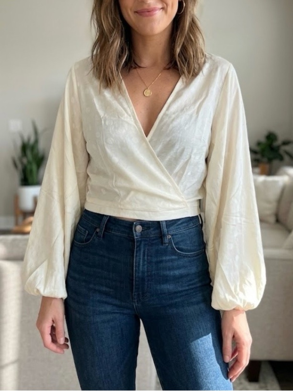 New Tulip B Cropped Ivory Satin Wrap Blouse shirt